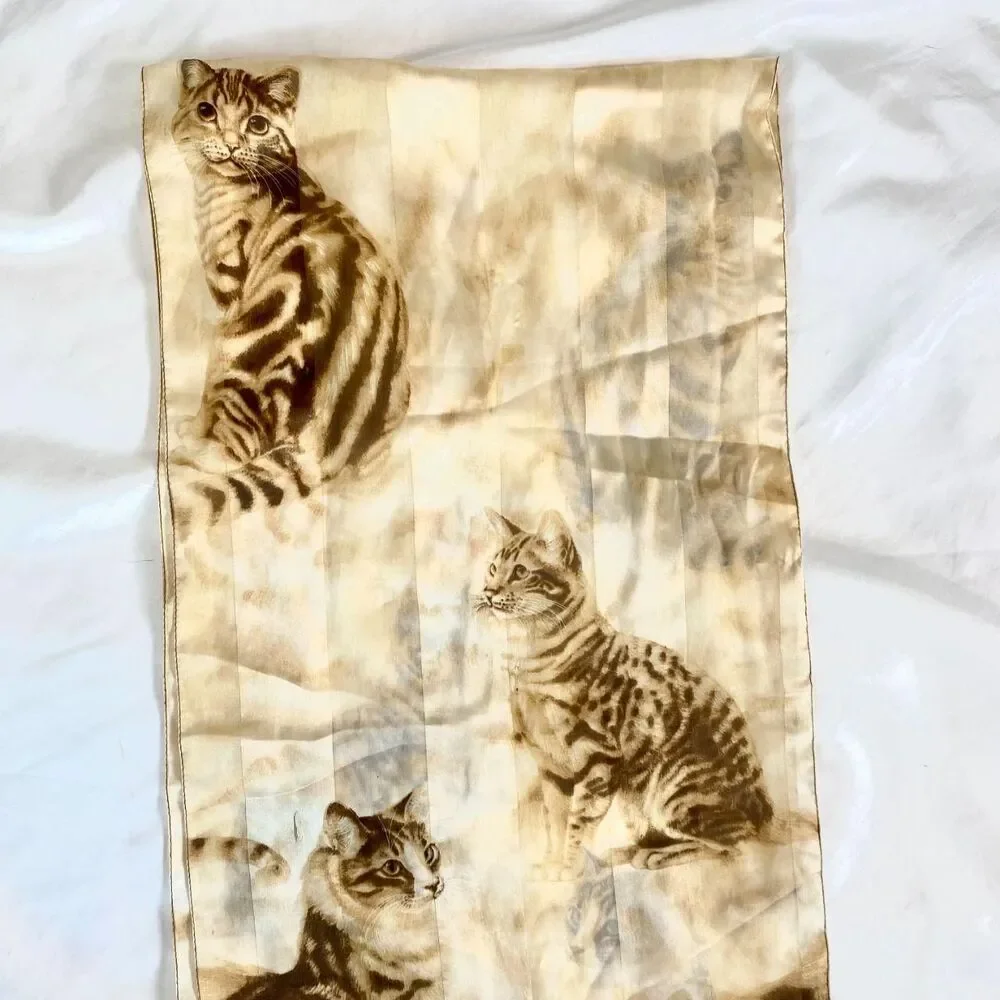Vintage Brown Tan Cream Kitty Cat Print Silky Wrap Scarf 13.5x60